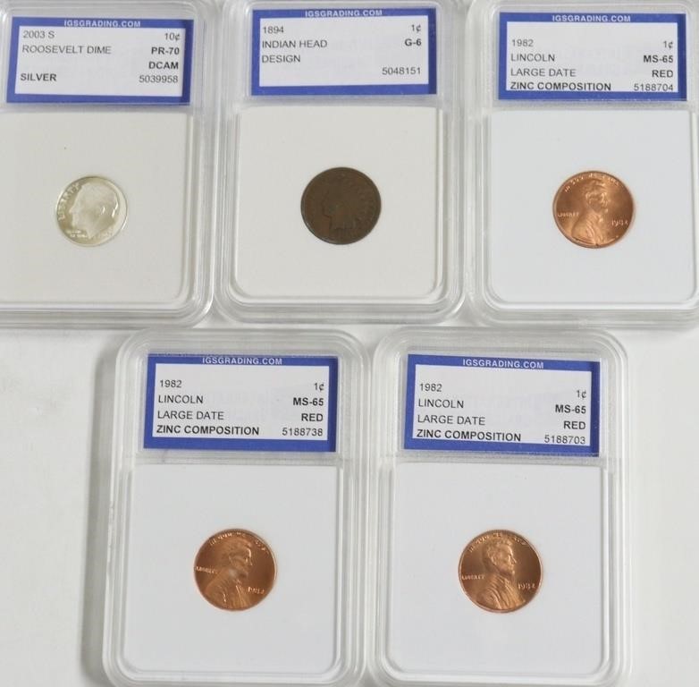 5// MIXED IGS GRADED COINS