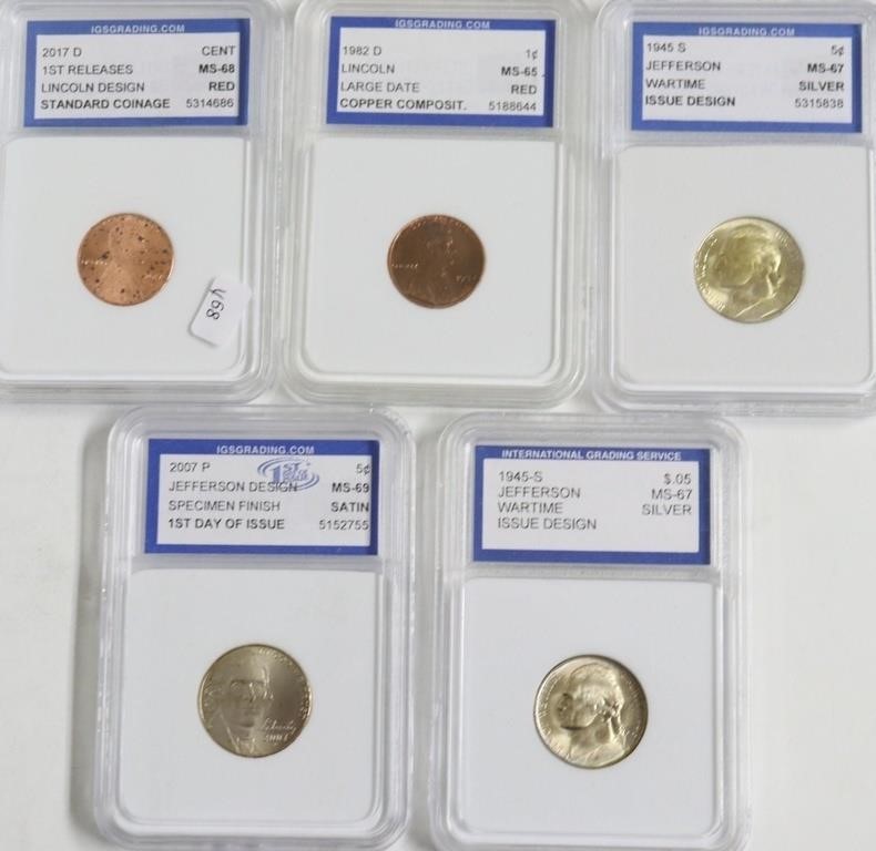 5// MIXED IGS GRADED COINS