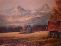 Oil painting on canvas of mountain field, signed