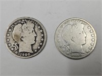 1900 Barber Silver Half Dollar 2 Coins (one O )