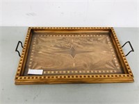 Inlaid wood serving tray w/ glass top