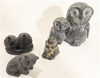 Lot soapstone style figures Owls & Bears