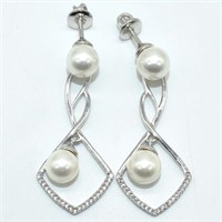 $440 Silver Pearl Cz(5.9ct) Earrings