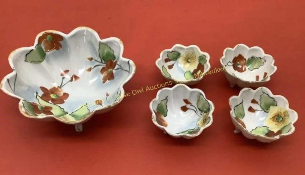 * Scalloped edge footed bowl, (4) servers made in