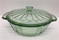 * Green depression glass covered bowl