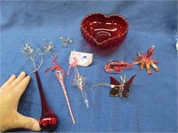 red heart bowl & 6 hand blown ornaments