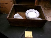 Vintage Fruit wooden crate with china contents lot