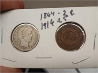 1864 2 cent piece, 1916 silver barber quarter