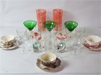 Vintage glass lot - cups & saucers, etched crystal