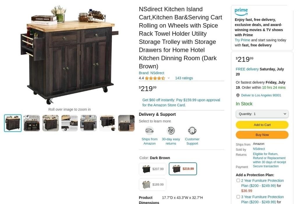 W8809  NSdirect Kitchen Island Cart with Drawers
