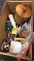 Ice bucket, blue canning jar, stapler, lighter
