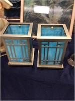 Pair of blue glass candleholders