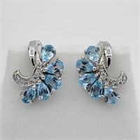 PR STERLING 2.0CTS BLUE TOPAZ & CUBIC EARRINGS