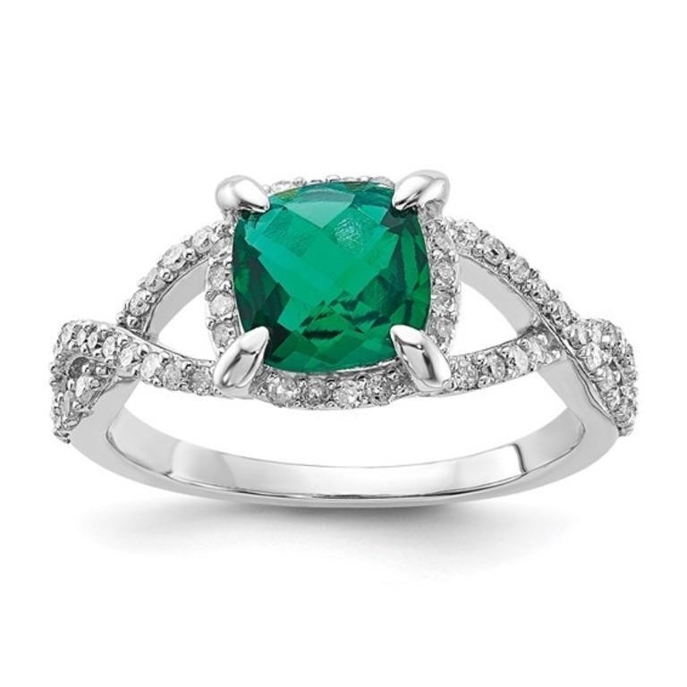 Sterling Silver Created Emerald and Diamond Ring