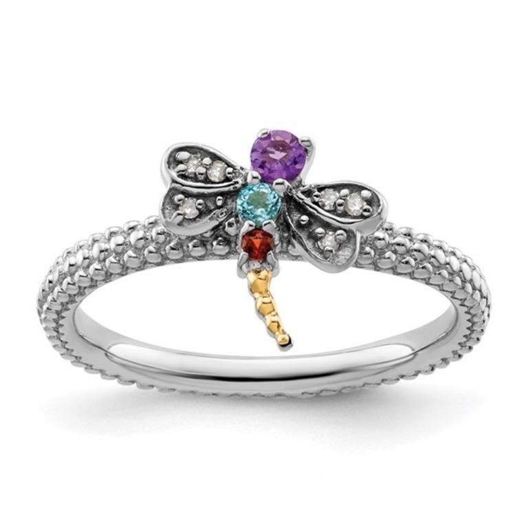 Sterling Silver 14K Diamond Dragonfly Ring