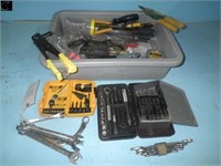 Tub w/ Drill Bits , Tape  Measure,  Wrenches ,