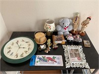 Bird clock, thermometer, geisha girls, all