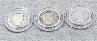 3 Barber Dimes, 1907,1910 & 1912 in hardcases