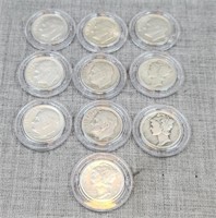 10 Silver dime various dates in hardcase