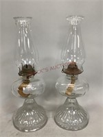Two Clear Glass Oil Lamps with Chimneys