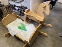 WOOD ROCKING HORSE AND BABY BED