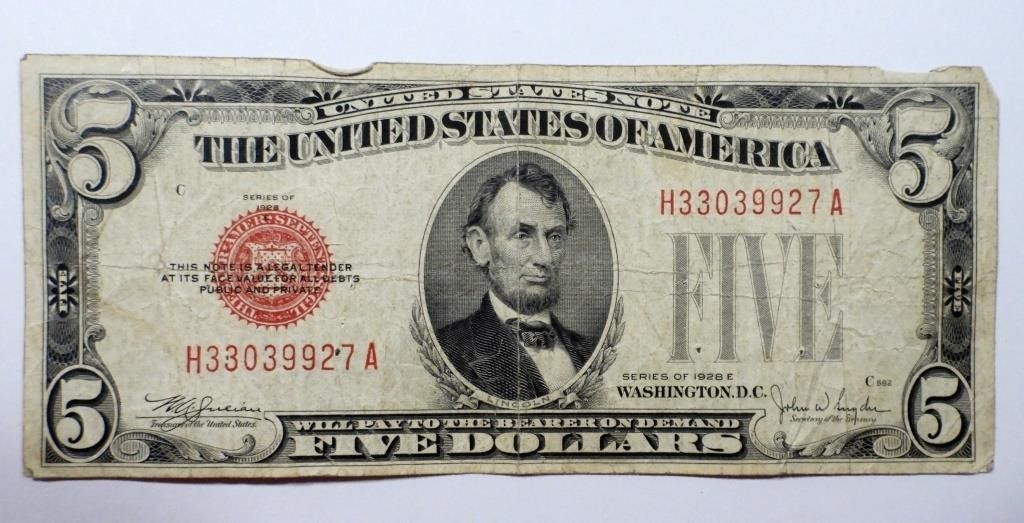 1928 $5 RED SEAL U.S. NOTES
