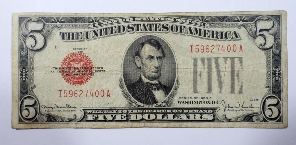 1928 $5 RED SEAL U.S. NOTES