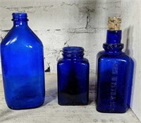 Three Vintage Cobalt Blue Medicine Bottles