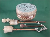 Native American Rawhide Drum & (2) Beaters, Horn