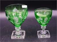 (2) green cut overlay glasses with square bases