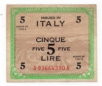 1943 Italy Allied Military 5 Lire Note
