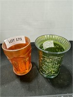 Green hand-painted cup and carnival glass cup