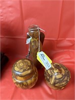 Pair of wooden lidded jars and wooden angel