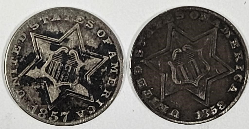 1857 & 1858 U.S. Three Cent Silver Coins