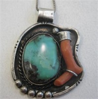 Navajo SS Turquoise & Coral Necklace - Hallmarked