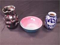 Three pieces art pottery including 10" iridescent