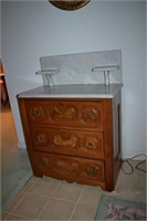 Carved walnut 3 drawer marble top wash stand