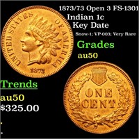 1873/73 Open 3 FS-1301 Indian 1c Grades AU, Almost