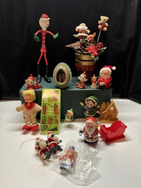 Vintage Figurines Miniature Nativity Santas Elves