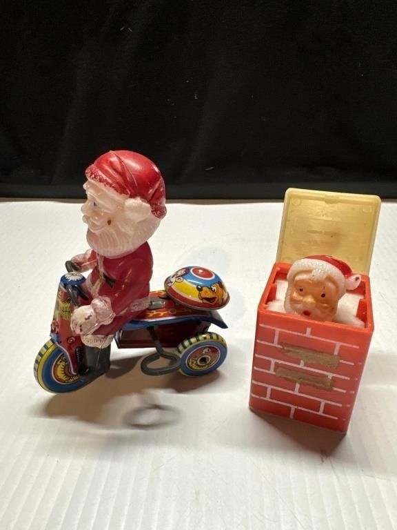 Vintage Celluloid Santa with Windup bicycle with