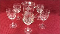 Set Including Etched Glass 8 1/2 Inch Pitcher