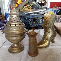 Brass boot, incense burner & pitcher
