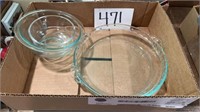 Pyrex pie plate, 2 bowls