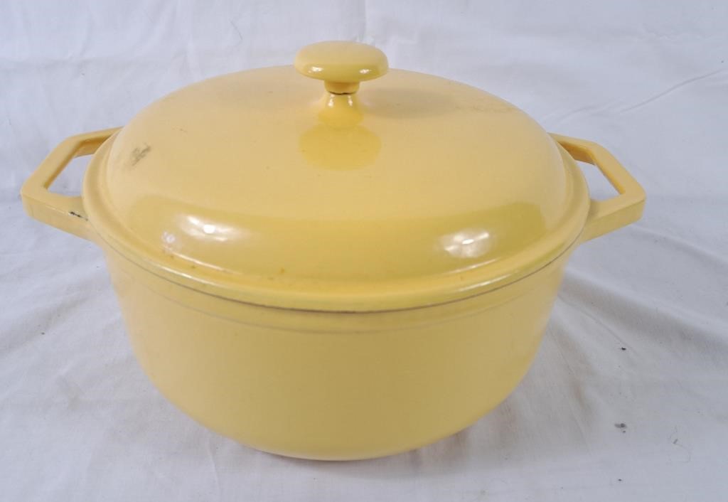 Yellow cast iron casserole dish