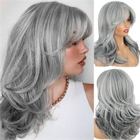 Long Grey Layered Wig With Curtain Bangs