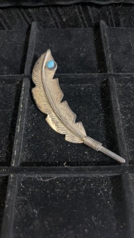Southwest unmarked sterling feather brooch with
