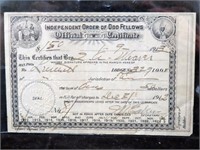 "ORDER OF ODD FELLOWS" CERTIFICATE FROM 1913