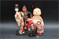 5 Vtg. Asian Hand-Made Fabric & Wood Dolls