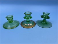 3 Vintage Green Glass Candleholders