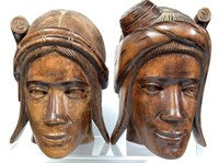 Hand Carved Wooden Tribal Head Bookends